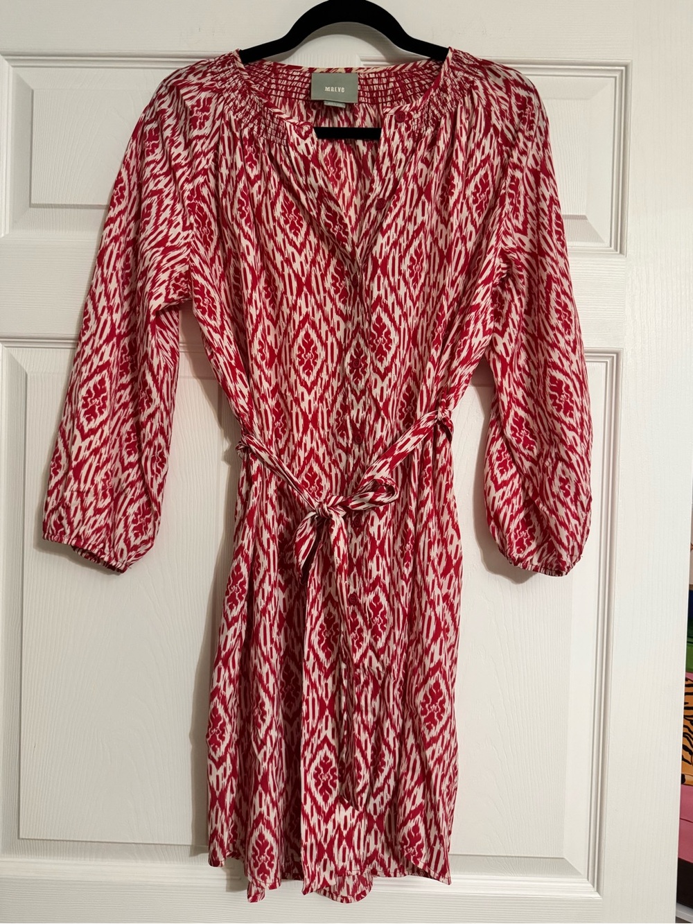 Maeve Anthropologie Bright Pink Ikat Belted Button Front Dress M